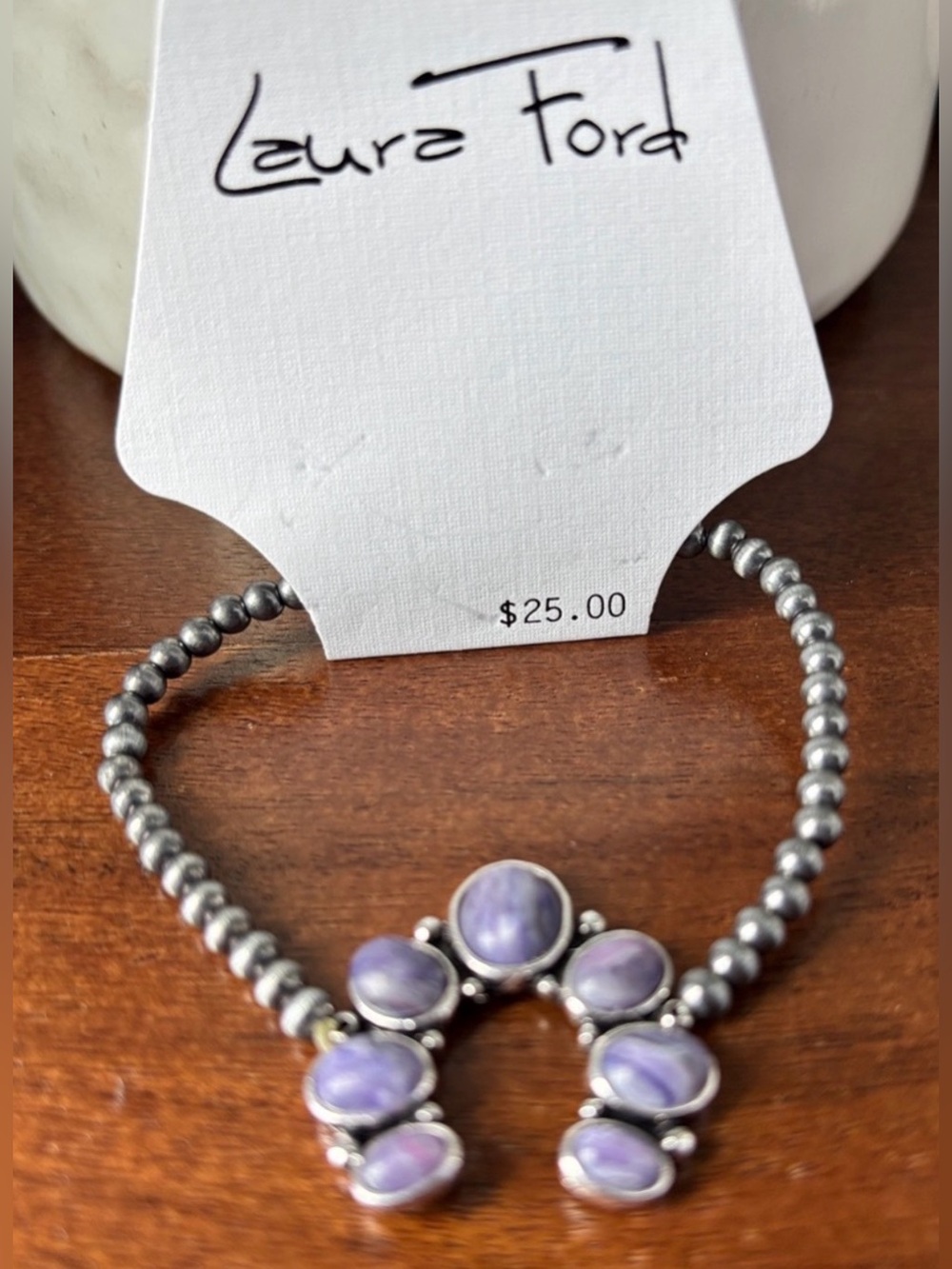 Laura Ford Crescent shape purple marbled oval stones,gunmetal beads,stretch